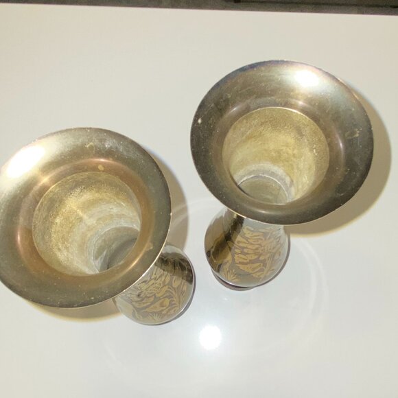 2 Brass Flower Bud Vases Etched Floral and Elephant on Reverse Matching - Picture 7 of 10